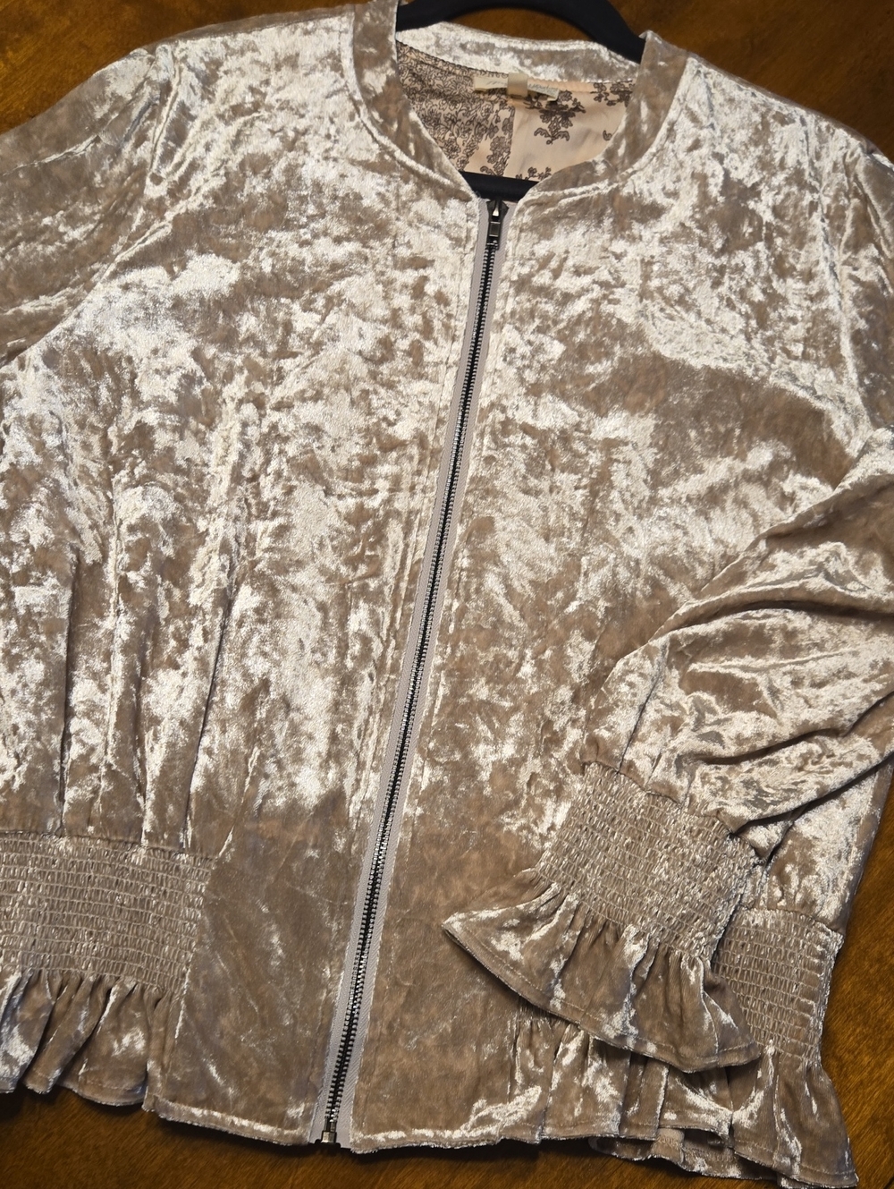 Mystree Crushed Velvet Bomber Jacket in Taupe